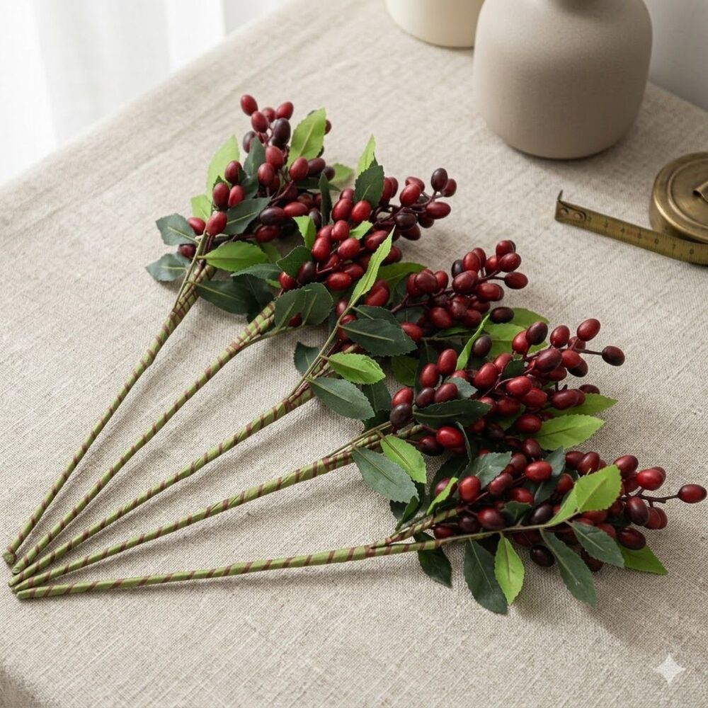 Set of 5 Red Artificial Berry Stems - Rustic Fall & Winter Home Decor - 15 inch